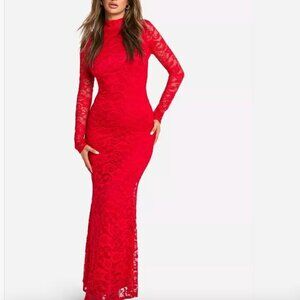 Boohoo Red Lace Open Back Maxi Dress
